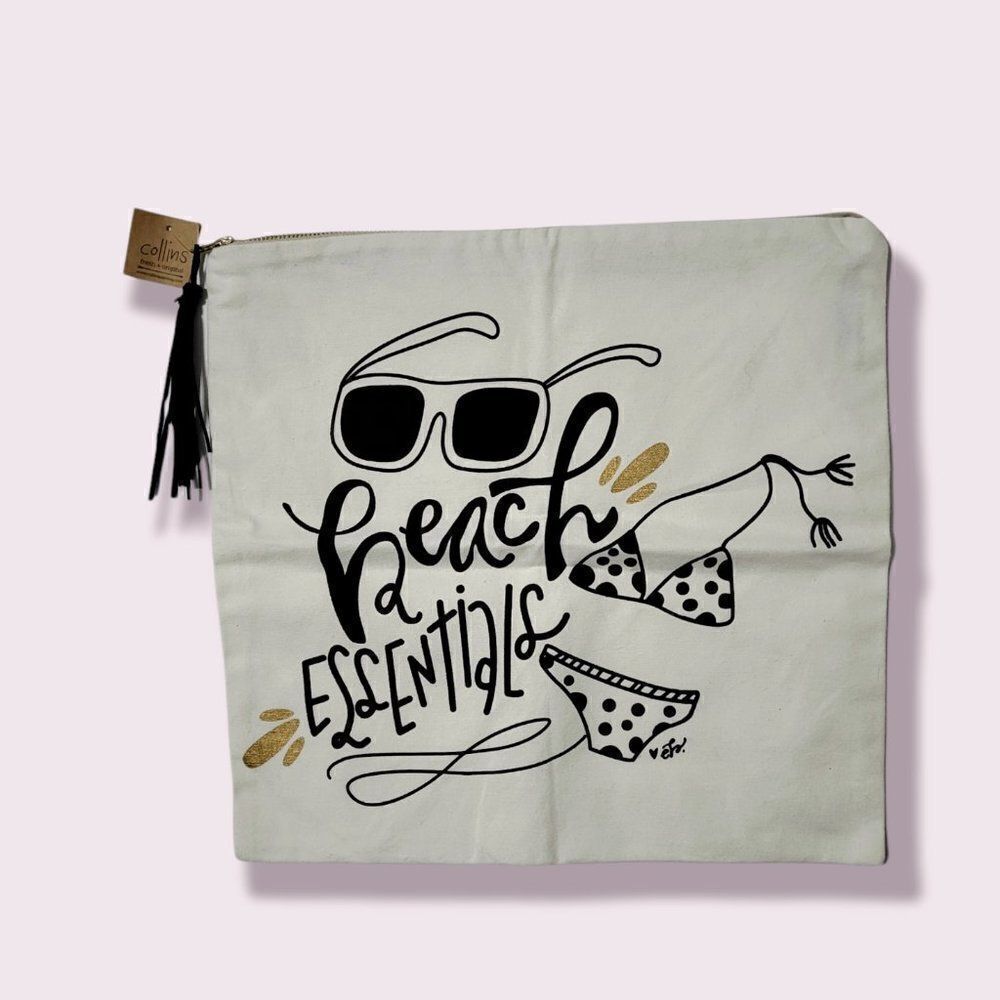 COLLINS Beach Bag Lined Black Tassel 15" x 15"